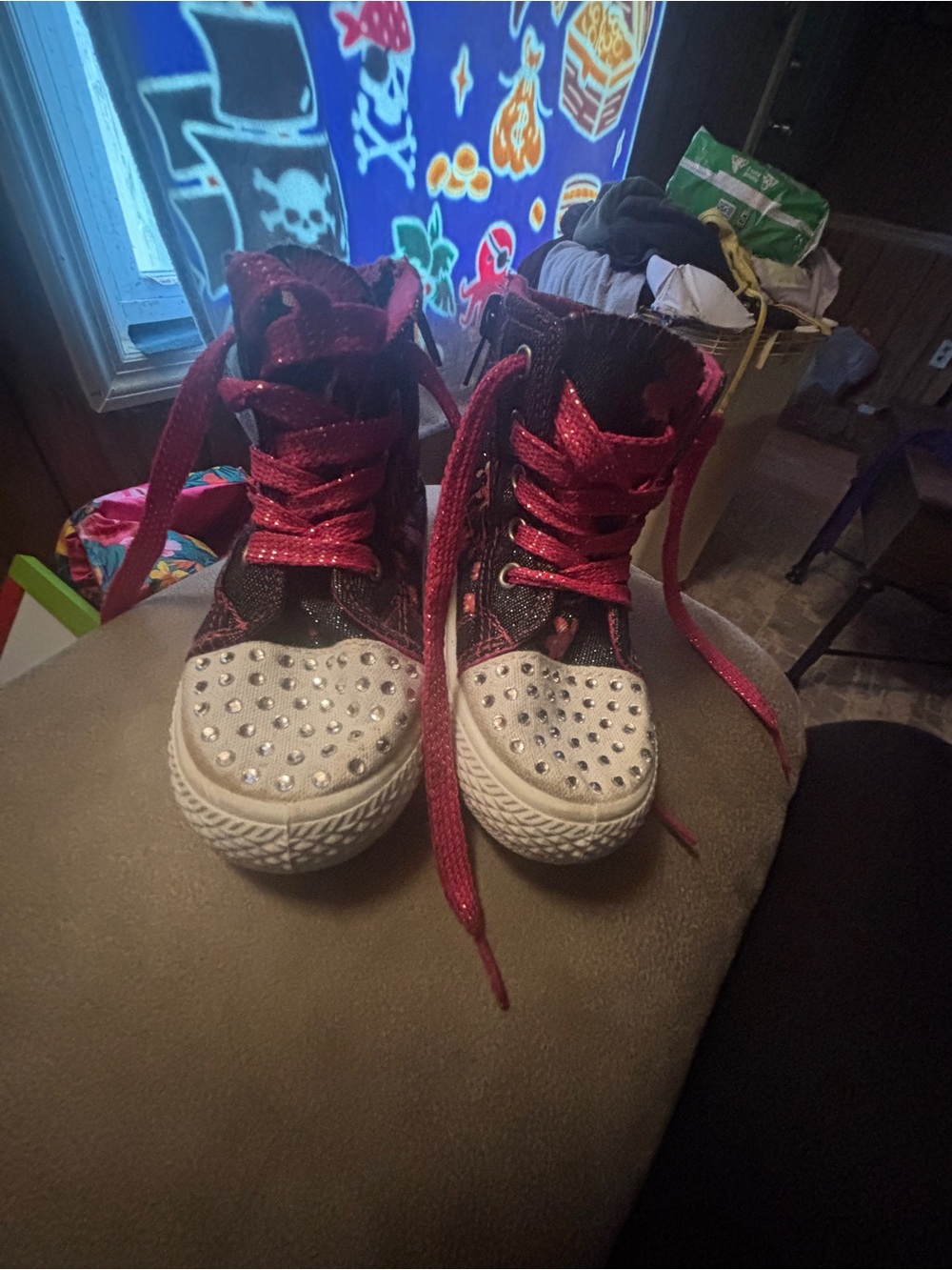 Girls' Black and Pink High-Top Glitter Sneakers with Studded Toe